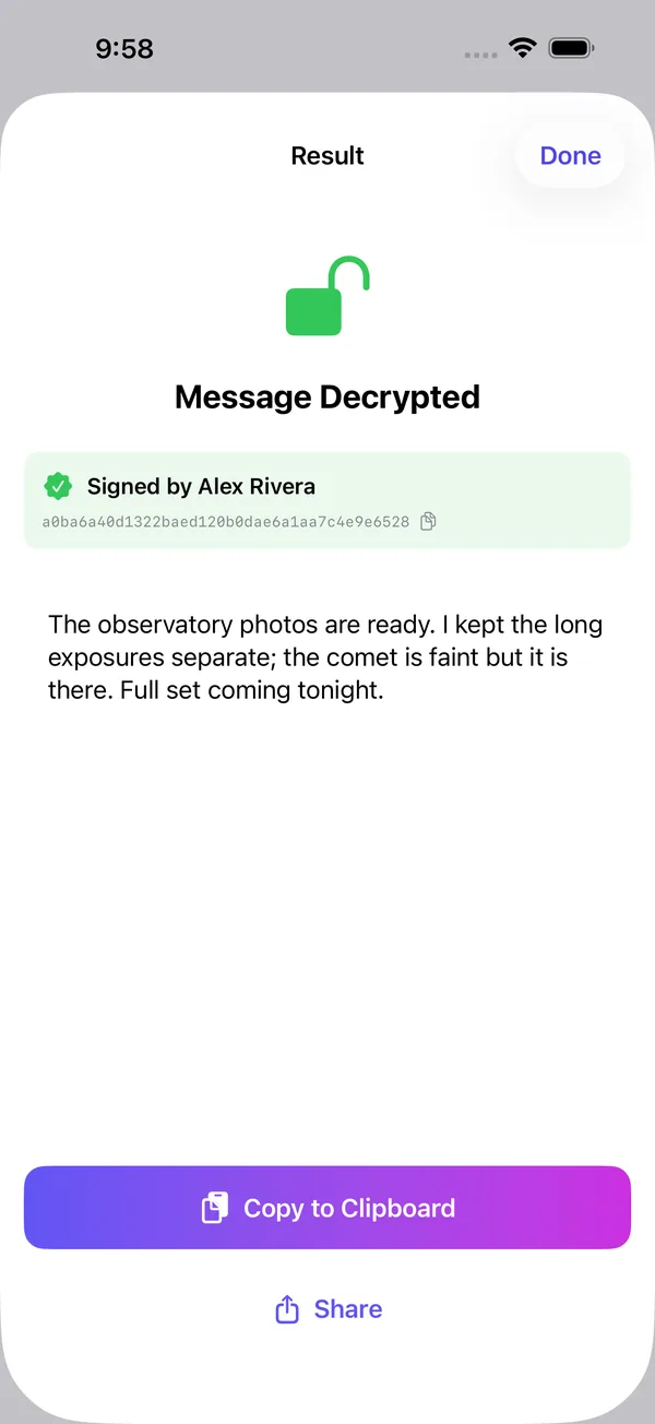 PGPony on iPhone: a decrypted message with a verified signature from the sender.