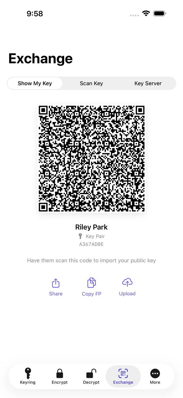 Exchange screen showing a public key as a QR code with share options.