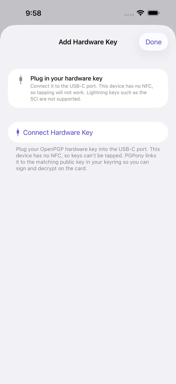Add Hardware Key screen for connecting an OpenPGP smart card.