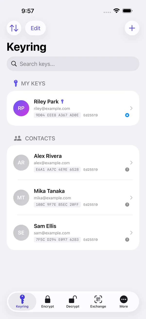 PGPony on iPhone: the Keyring tab with your own key and three contacts.